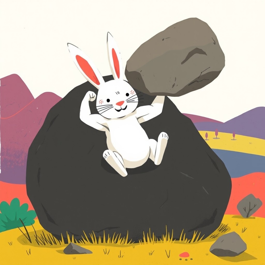 A strong and muscular small white rabbit lifting a large rock with ease, depicted in the playful style of Jon Klassen