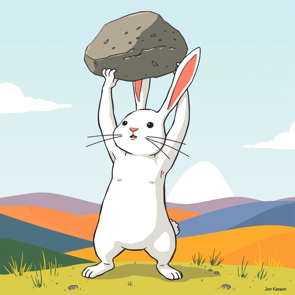 A strong and muscular small white rabbit triumphantly lifting a large rock above its head, illustrated in the whimsical style of Jon Klassen