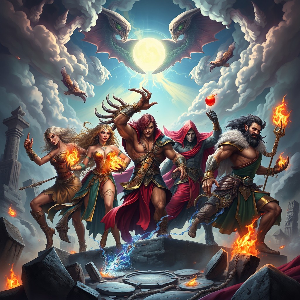 An epic fantasy scene inspired by 'Seven Deadly Sins', showcasing the seven iconic characters representing each sin, such as pride, greed, lust, envy, gluttony, wrath, and sloth