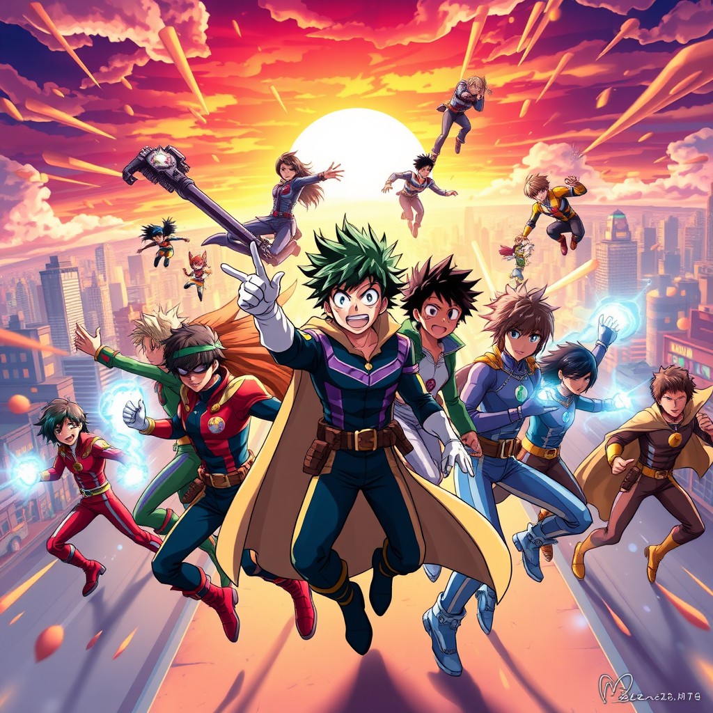 A dynamic scene inspired by the anime My Hero Academia, showcasing a diverse group of young heroes in colorful, unique costumes, each exhibiting their individual superpowers