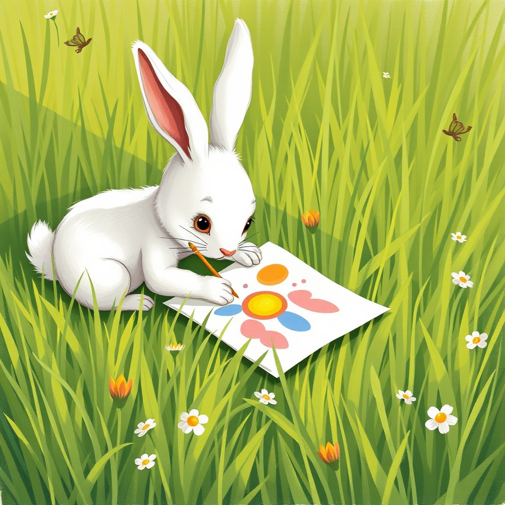 A charming scene depicting a small white rabbit lying on the grass, intently drawing a beautiful picture on a sheet of paper