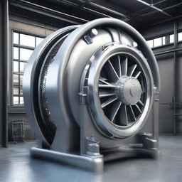 A highly realistic image of a centrifugal compressor, showcasing intricate mechanical details and reflective metal surfaces, set within an industrial background.