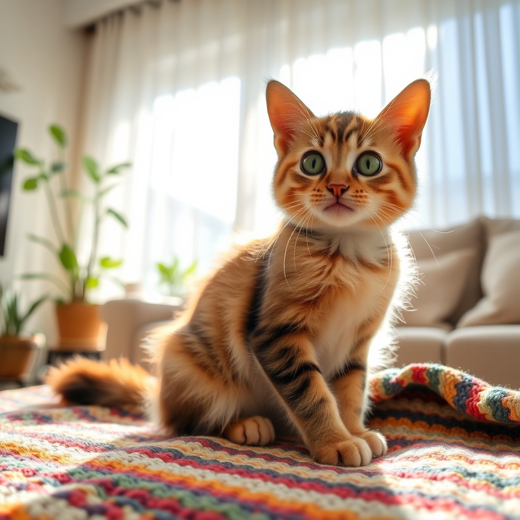A cute domestic cat, with fluffy fur, sitting elegantly on a colorful woven blanket