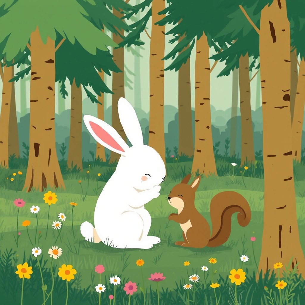 A heartwarming scene of a small white rabbit comforting an injured little squirrel in a forest setting