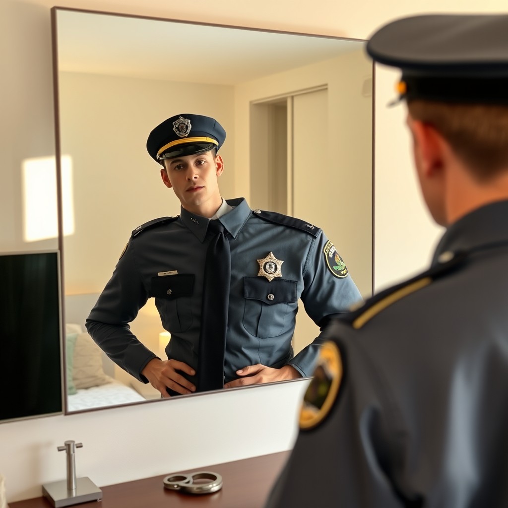 A person looking into a mirror, dressed as a police officer
