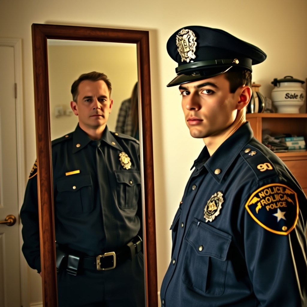 A normal person standing in front of a mirror, envisioning themselves as a police officer