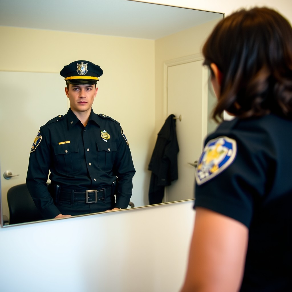 A person wearing a black outfit, looking into a mirror and envisioning themselves in a police uniform
