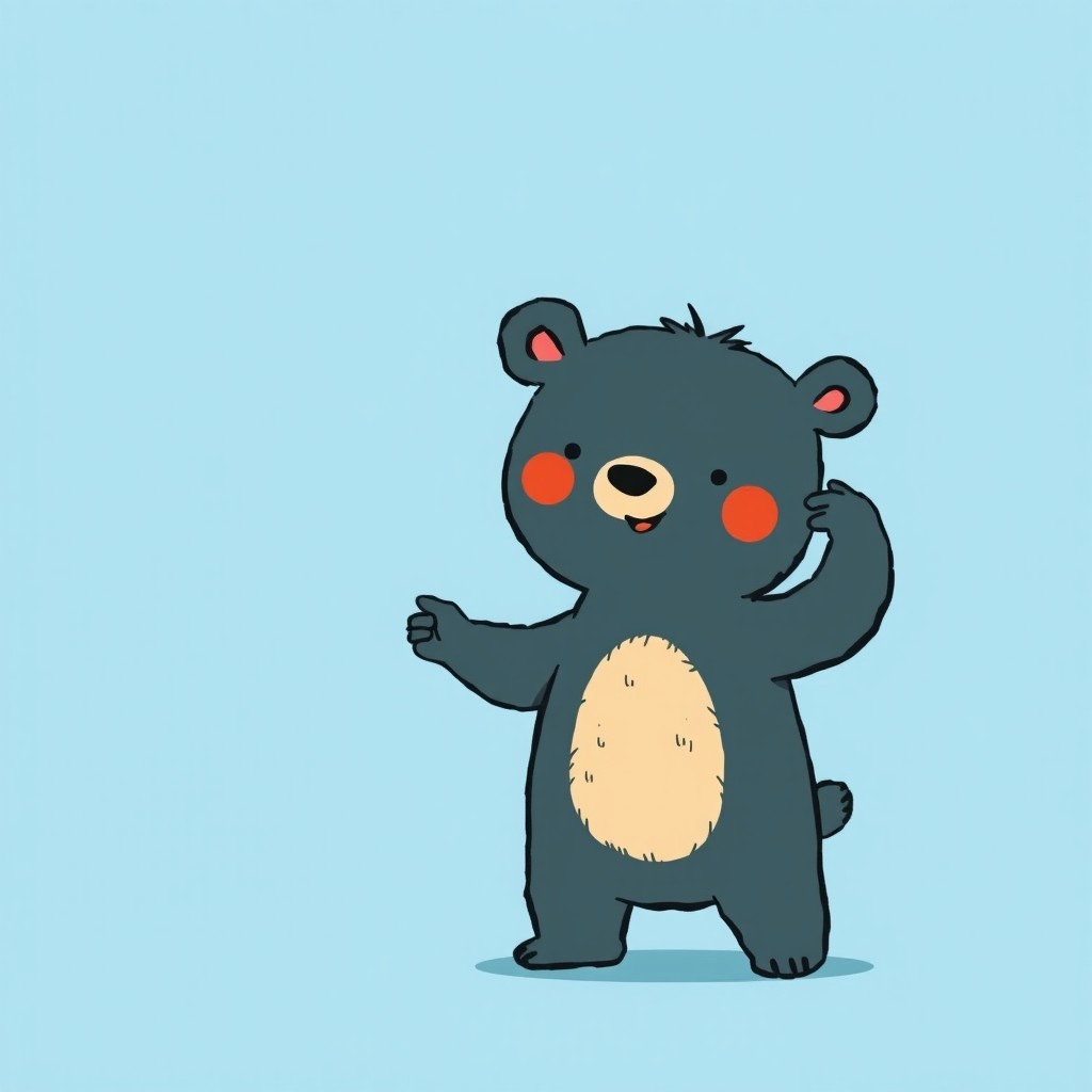 A playful illustration of a small bear pointing to its own ear, showcasing a curious and adorable expression
