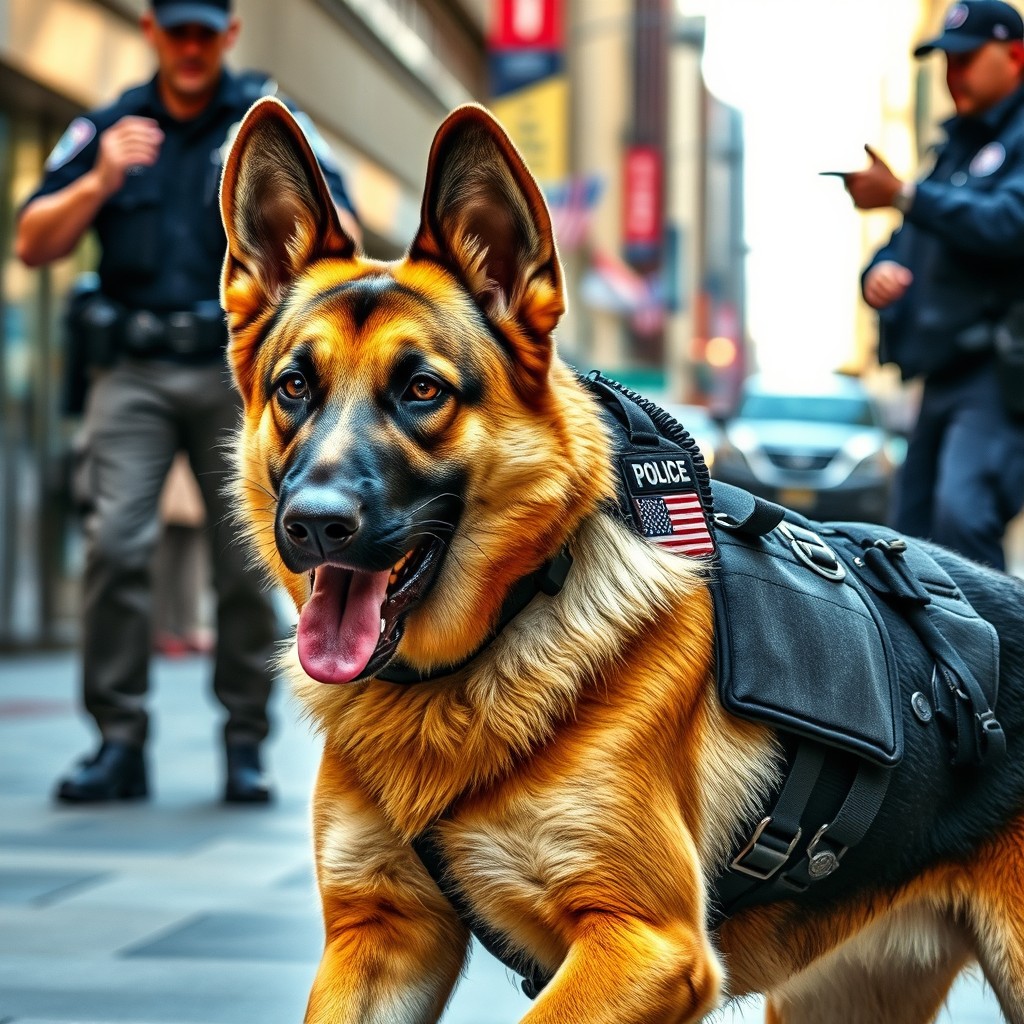 A strong and reliable K9 law enforcement dog in full action, showcasing its agility and intelligence