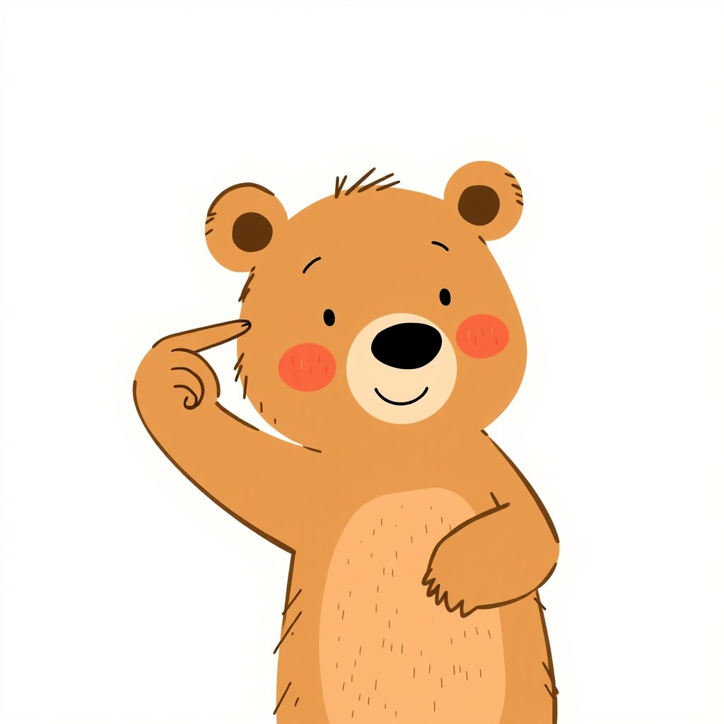 A cute brown bear pointing to its own ear with a curious expression, showcasing a playful and engaging demeanor