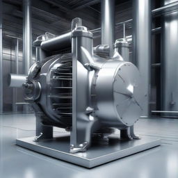 A highly realistic image of a centrifugal compressor, showcasing intricate mechanical details and reflective metal surfaces, set within an industrial background.