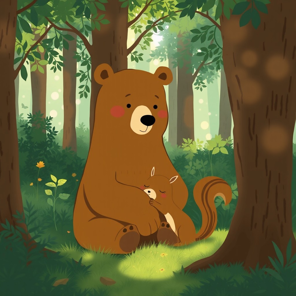 In a serene forest setting, a brown bear is gently comforting a sad little squirrel