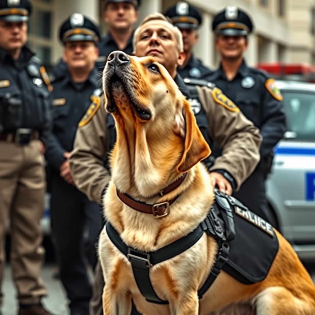 A thick-faced yellow Labrador, representing a K9 law enforcement unit, adorned in a full detailed K-9 unit uniform