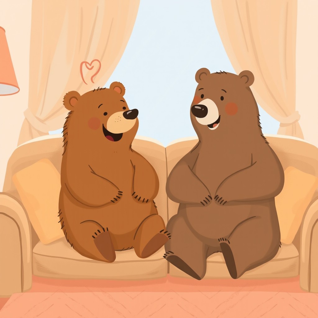 A heartwarming scene of a brown bear happily chatting with its mother bear while sitting on a cozy sofa