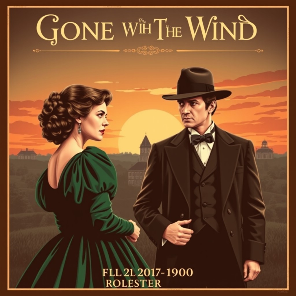 A vintage style poster design for 'Gone With The Wind', featuring the iconic couple, Scarlett O'Hara and Rhett Butler