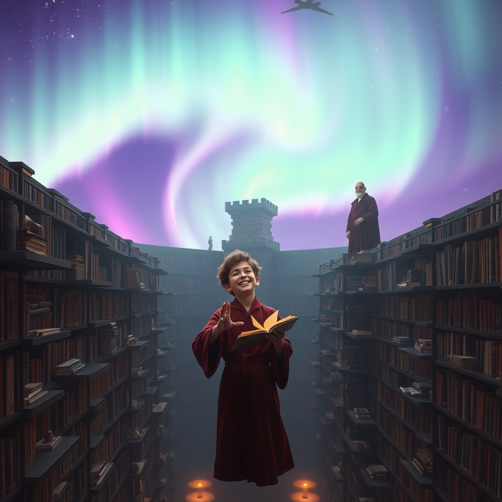An endless library suspended in the void, illuminated by a sky of purple and green auroras