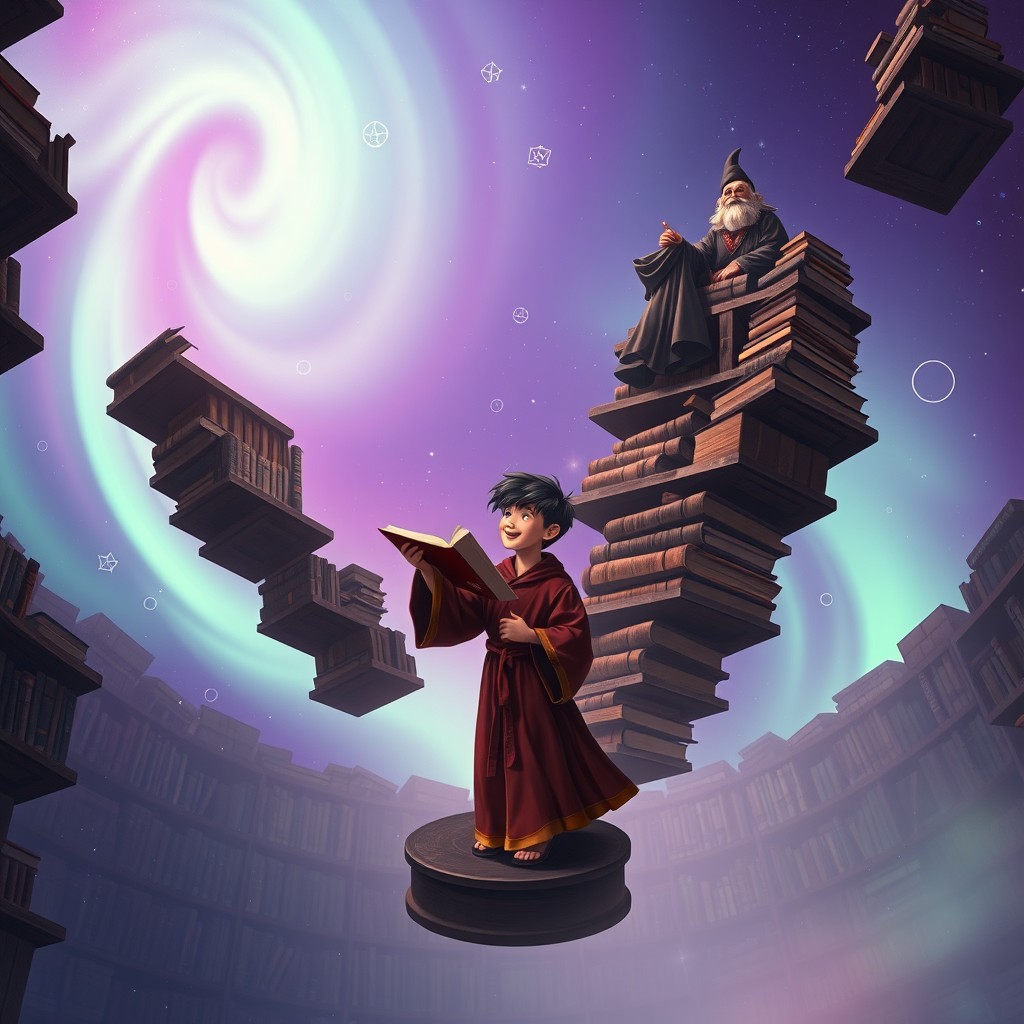 An infinite library suspended in the void, illuminated by a sky of purple and green auroras