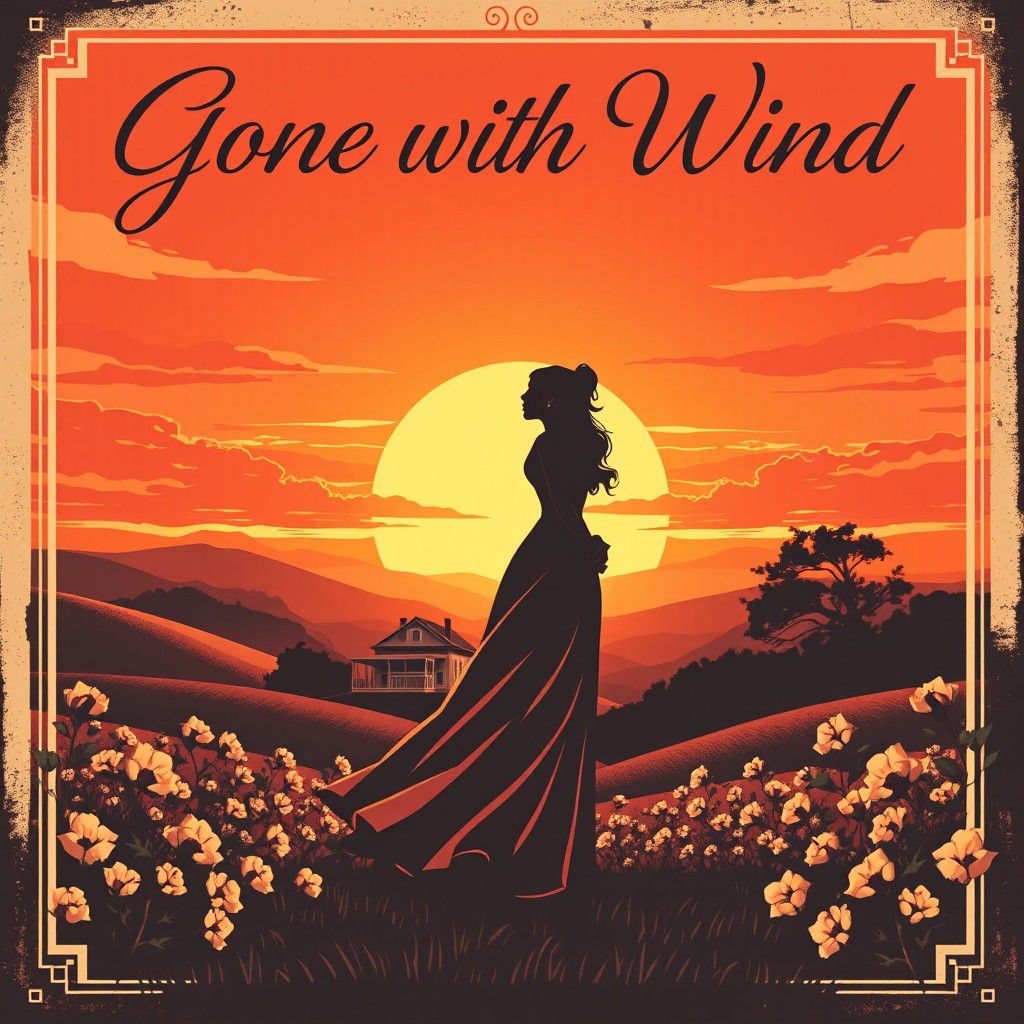 A captivating vintage poster design inspired by the classic novel 'Gone with the Wind', featuring a dramatic Southern landscape with rolling hills and a fiery sunset