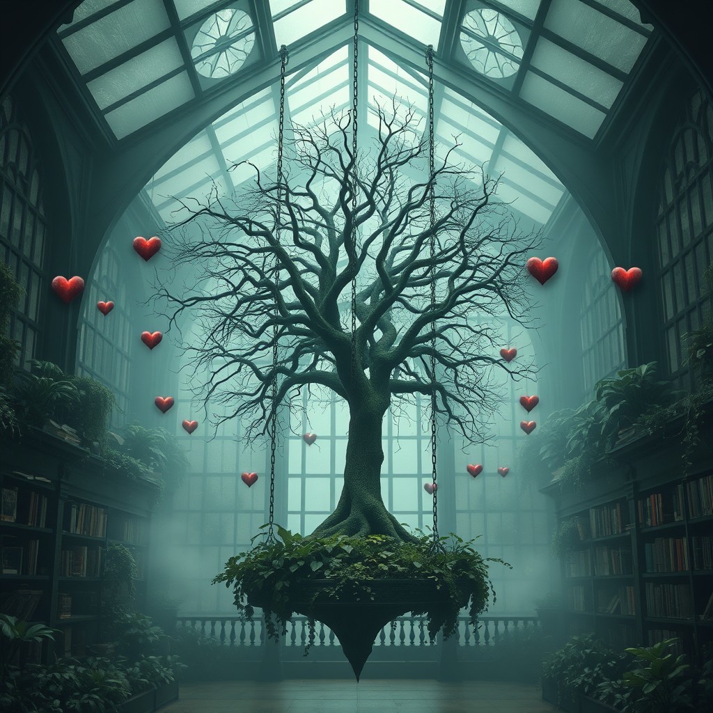 An eerie dreamlike greenhouse built inside a gothic hall