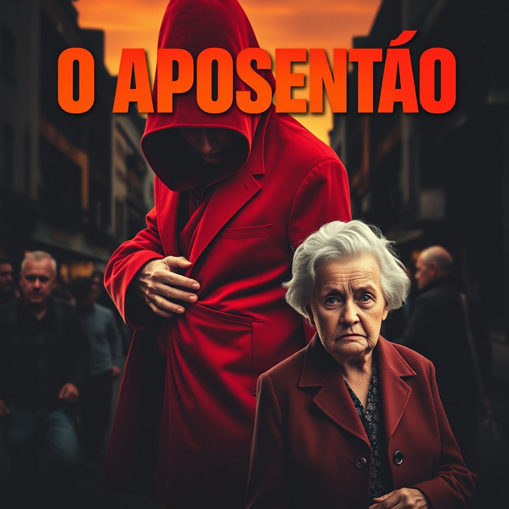 A dramatic movie poster featuring the title 'O Aposentão' in bold, eye-catching typography