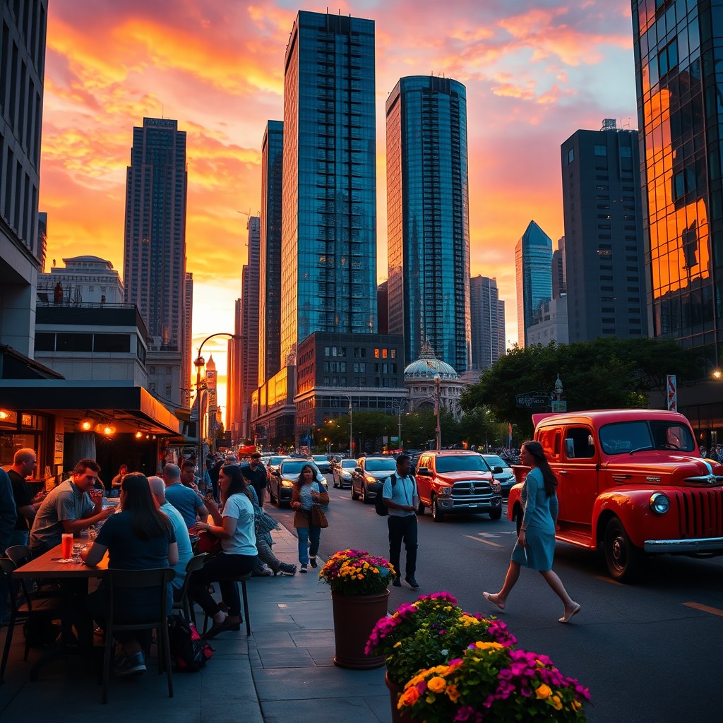 A vibrant city street scene during sunset, showcasing a bustling atmosphere with people walking, stopping at food stalls, and enjoying their time