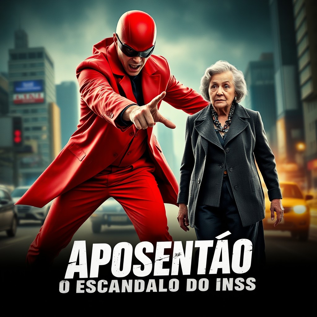 A dramatic movie poster for 'Aposentão: O Escândalo do INSS', featuring a central figure dressed in a bright red outfit, portrayed as a modern-day antihero