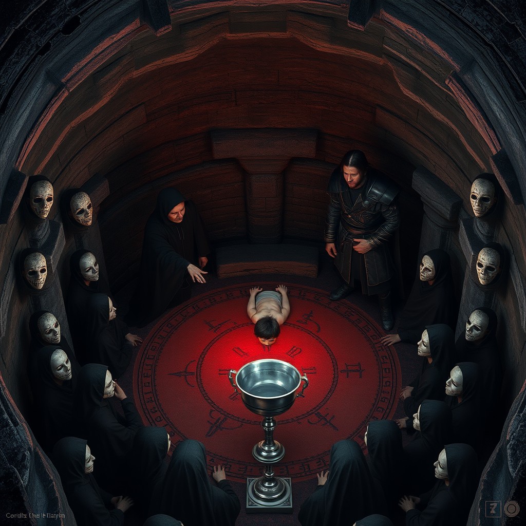 An underground crypt with a circular shape, featuring worn black stone columns and a vaulted ceiling covered in cracks