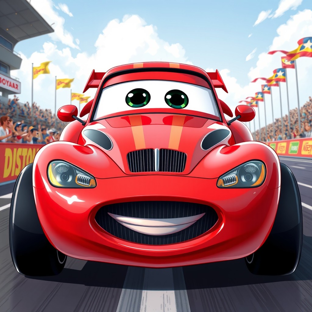 An illustration of a sleek, anthropomorphic race car, inspired by iconic movie characters, viewed from the front