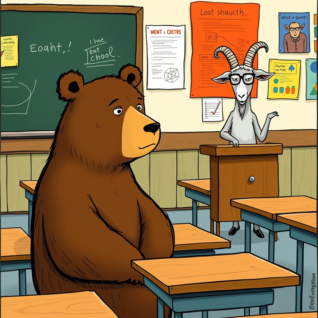 A serious brown bear sitting attentively in a classroom, listening to a goat teacher as it gives a lecture