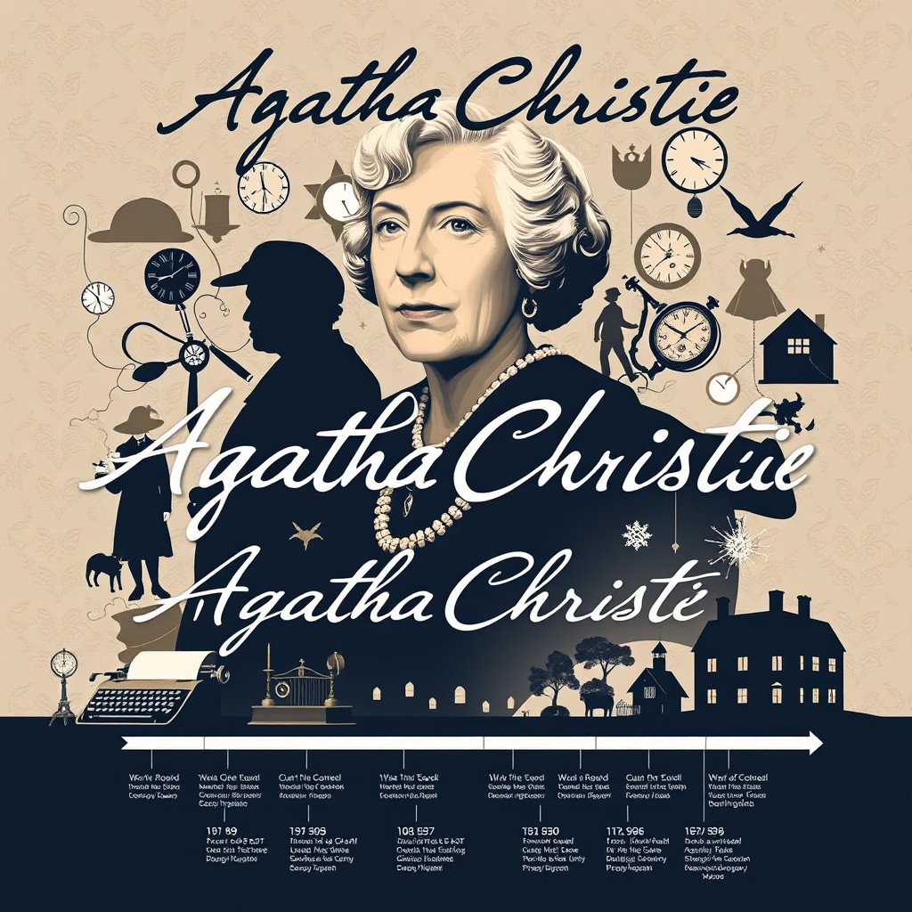 A visually striking poster celebrating the life and career of Agatha Christie, featuring a portrait of the author surrounded by iconic elements from her famous works, such as a silhouette of a detective, a vintage typewriter, and elements from her books like a clock, a magnifying glass, and a mysterious house