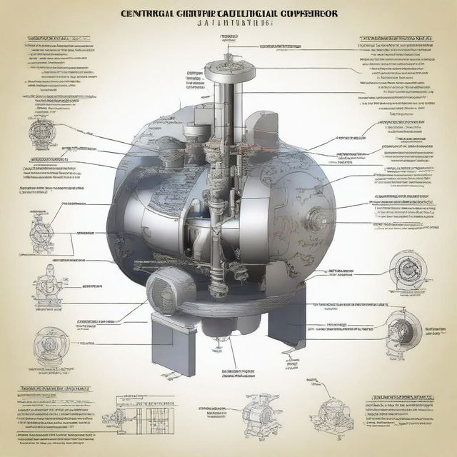 A detailed schematic diagram describing the composition of centrifugal compressors, labeling and illustrating each component.