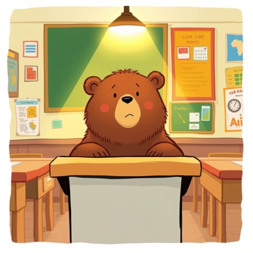 A focused brown bear sitting attentively in a classroom while listening to a lesson