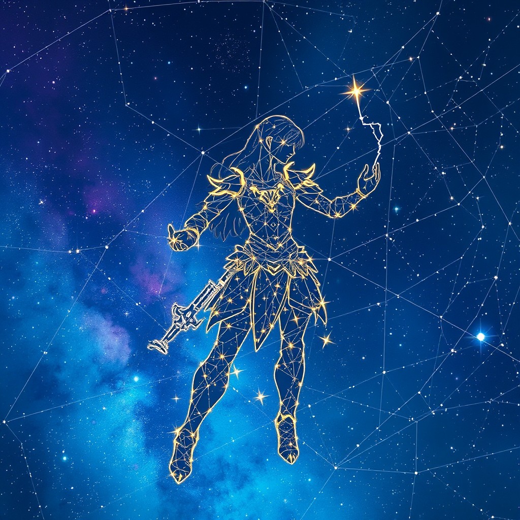 A stunning celestial depiction of Vyse from Valorant transformed into a constellation in the night sky, with twinkling stars crafting her silhouette and features