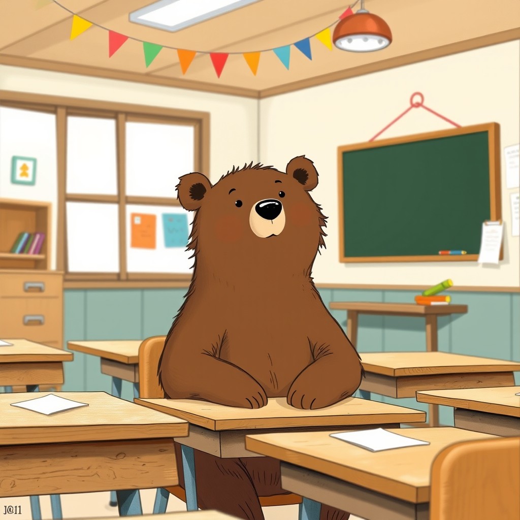 A brown bear sitting in a classroom attentively listening to a lesson