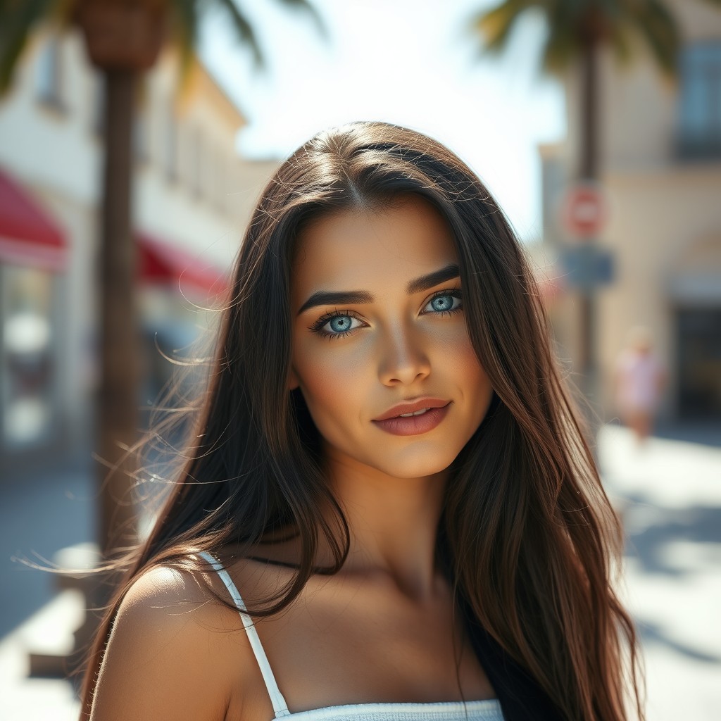 An ultra-realistic photo of a young beautiful Eastern European woman with long black hair and striking blue eyes