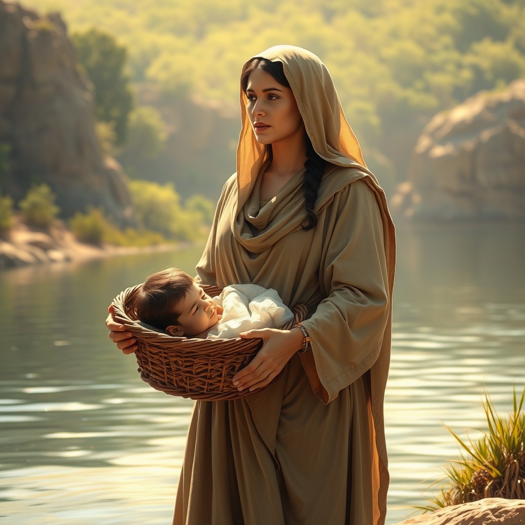 A powerful, heroic depiction of Jochebed, the mother of Moses, standing on the banks of the Nile River