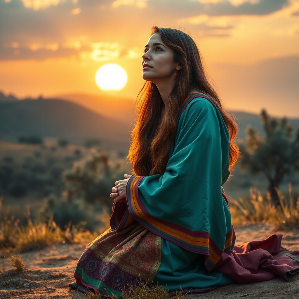 A serene and touching portrayal of Hannah, the mother of Samuel, kneeling in a tranquil setting of ancient Israel