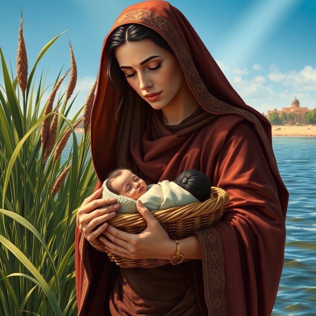 A moving and dignified representation of Jochebed, the mother of Moses, depicted beside the banks of the Nile River