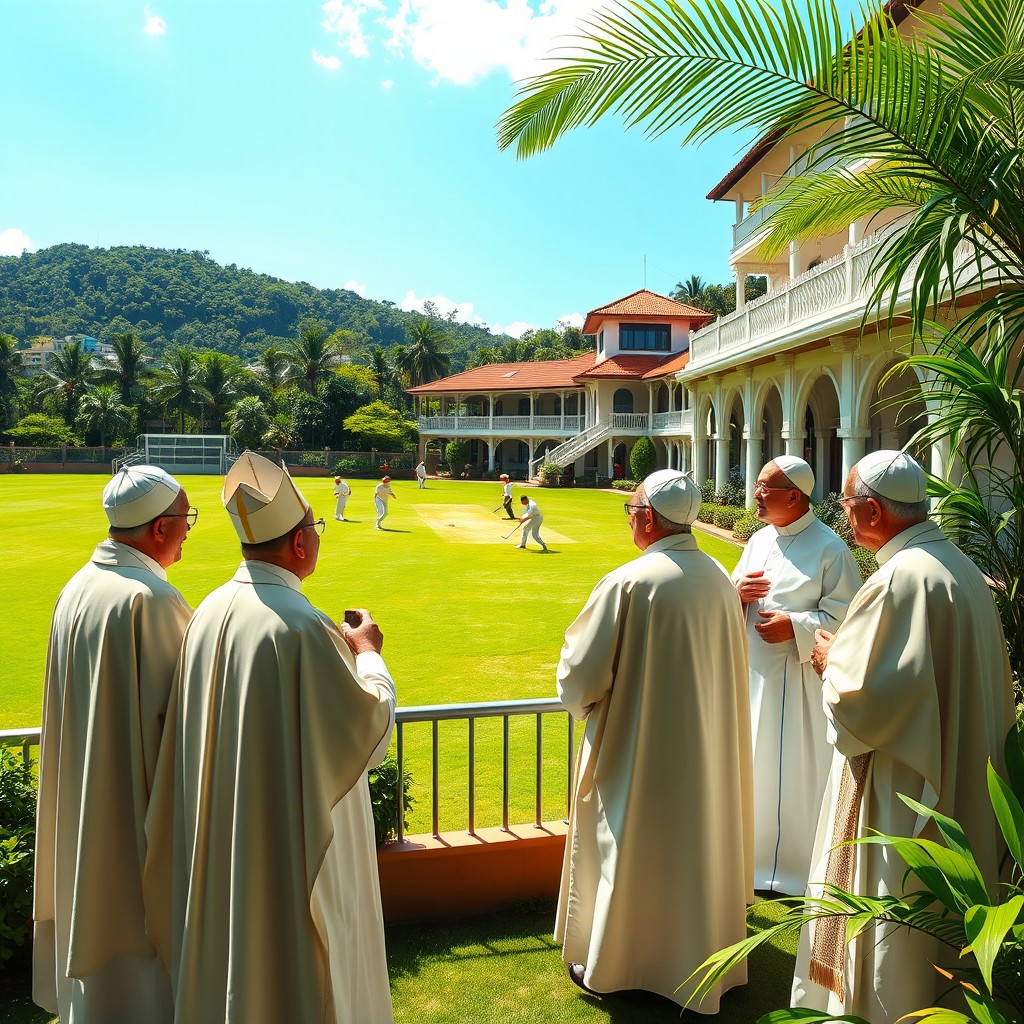 A scene depicting a group of popes gathered at the Hong Kong Cricket Club, dressed in traditional papal robes, engaged in friendly conversation and enjoying the vibrant atmosphere