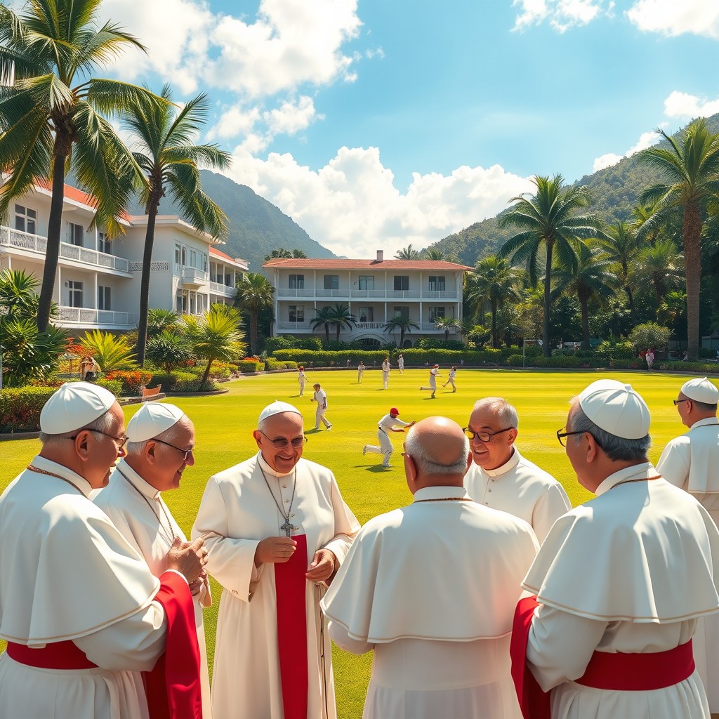 A scene illustrating several popes enjoying a gathering at the Hong Kong Cricket Club in Hong Kong