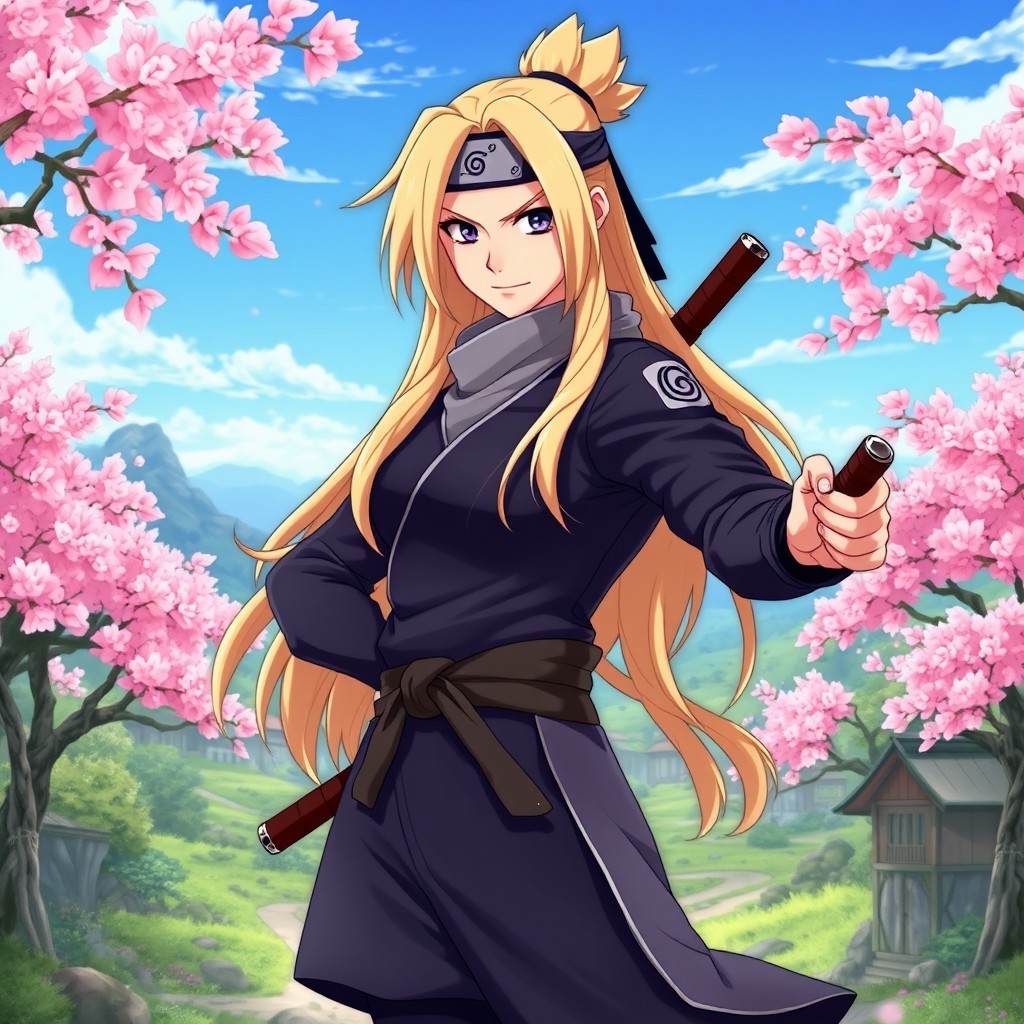 A strong and confident female ninja inspired by Tsunade from Naruto, featuring long blonde hair styled in a unique way, with a determined expression on her face