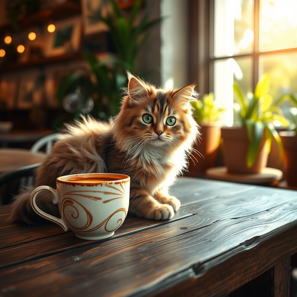 Charming Cafe Scenes with Fluffy Cats and Coffee Delights