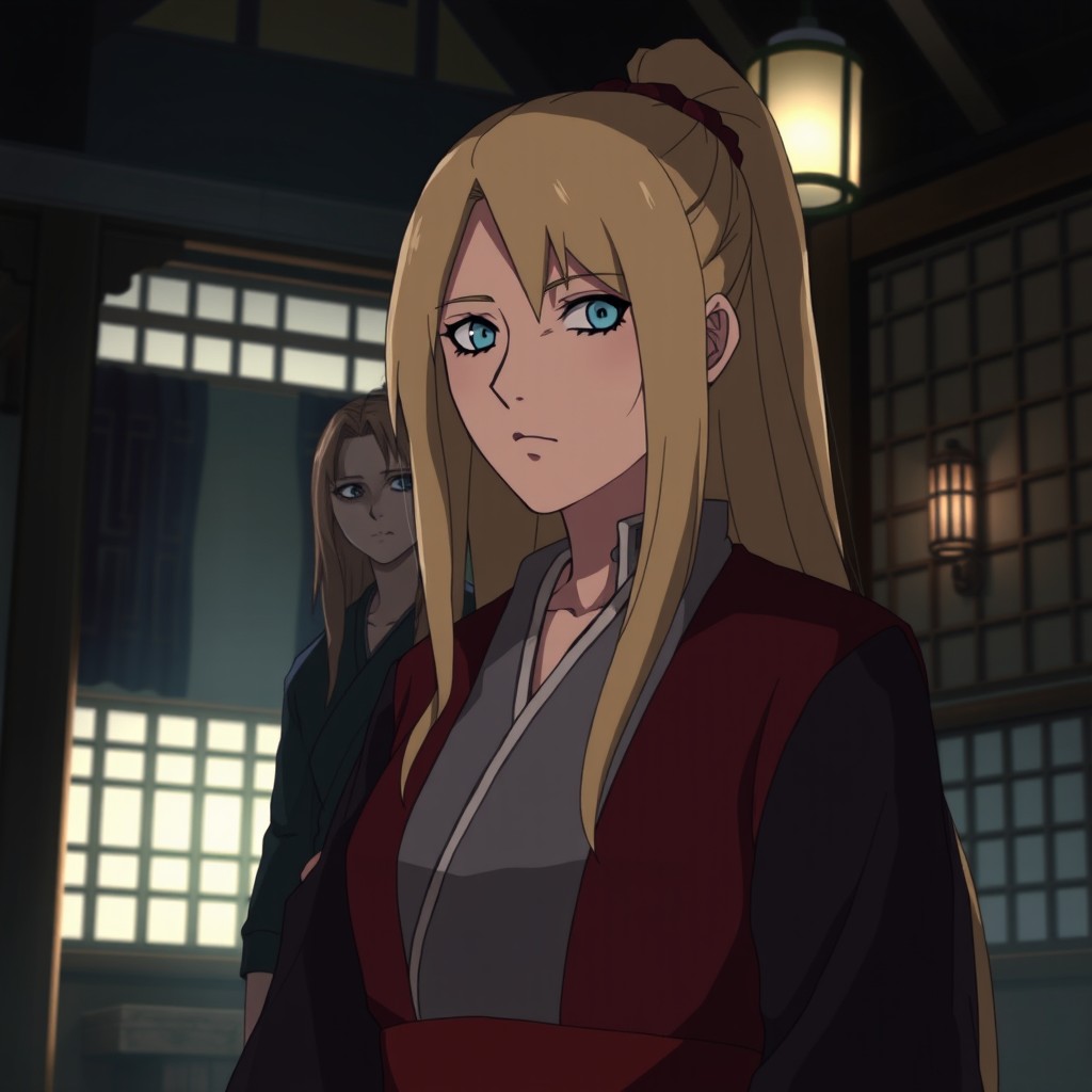 A dramatic and emotional scene depicting Tsunade from Naruto as a powerful figure, with her recognizable long blonde hair and unique attire