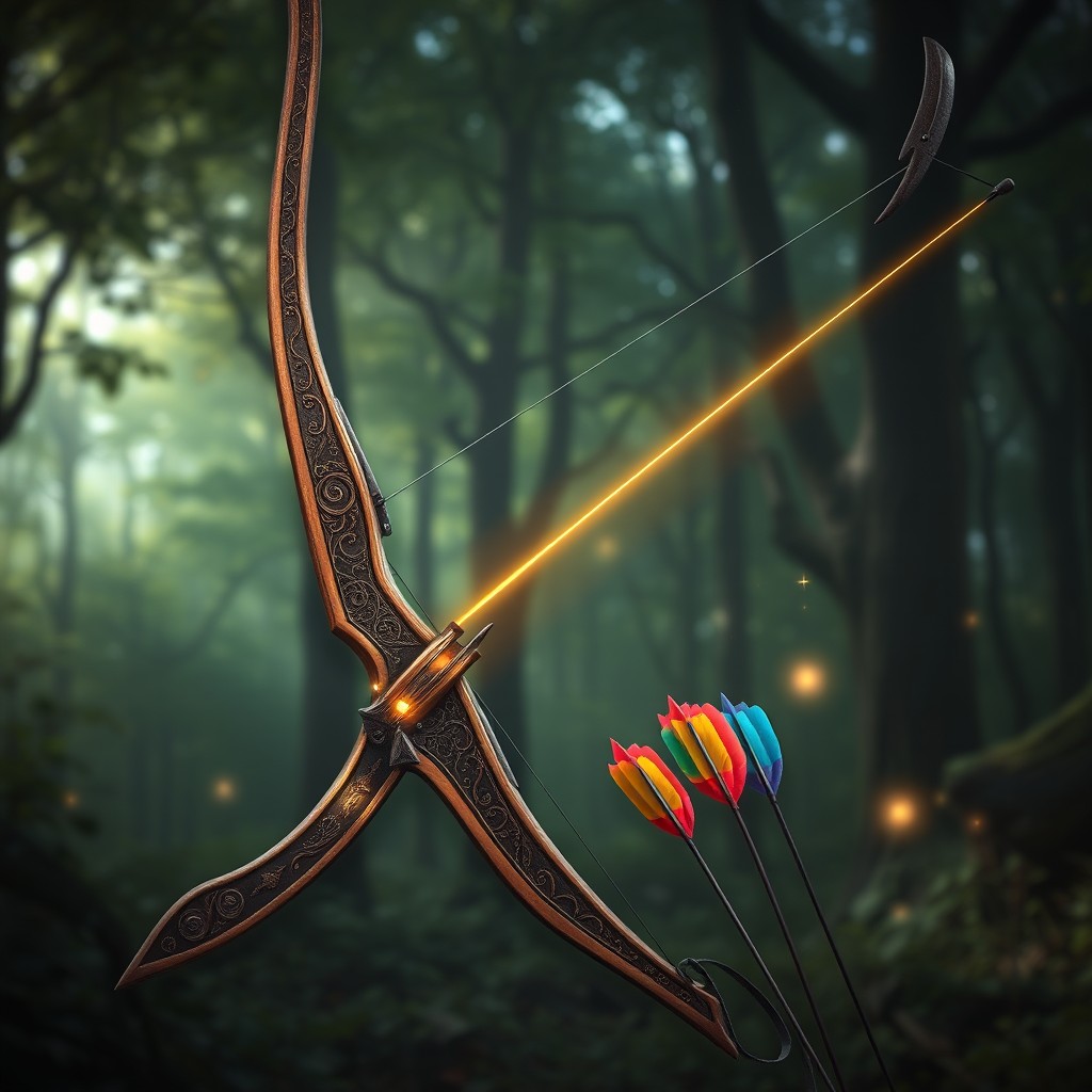 A beautifully designed fantasy bow with intricate engravings on its wooden limbs, glowing runes along the grip, and an elegant string that seems to shimmer with magic