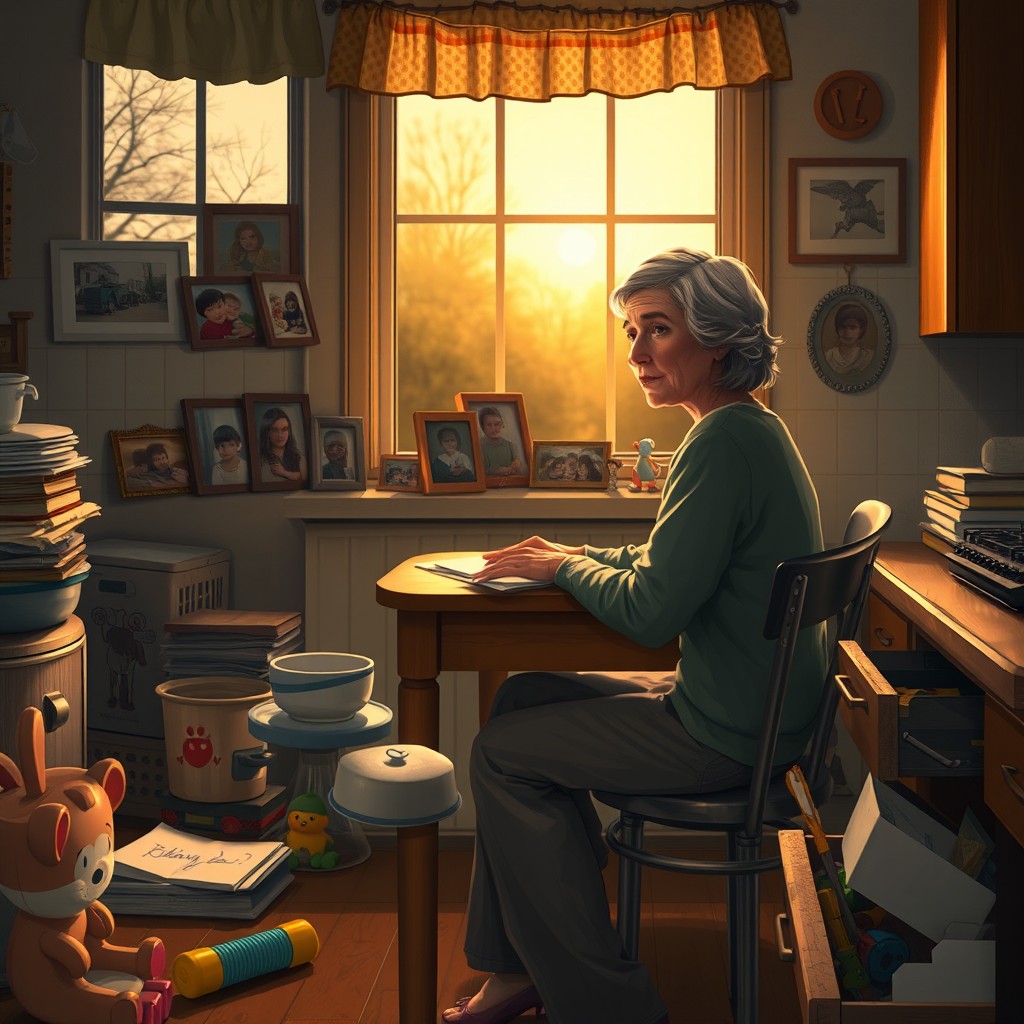 An emotional and thought-provoking scene depicting a mother sitting at a kitchen table, looking contemplative and slightly weary