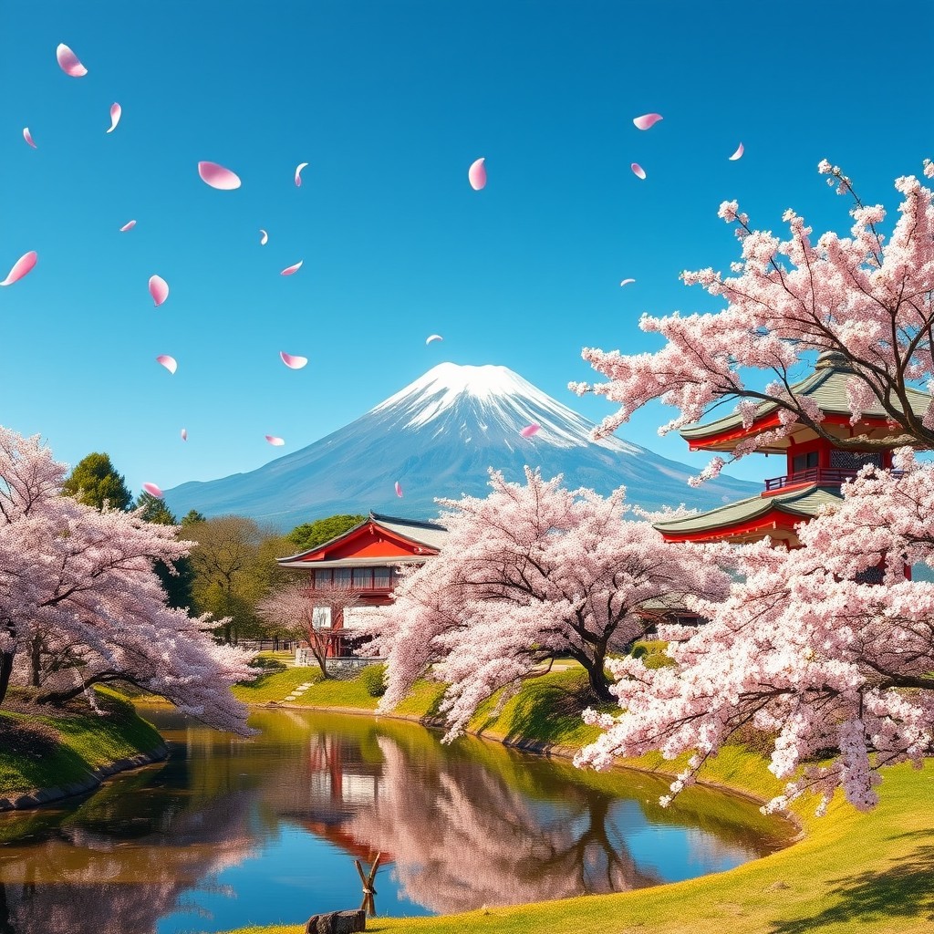 A beautiful scenic landscape of Japan, showcasing iconic elements such as cherry blossoms, traditional Japanese architecture, and Mount Fuji in the background