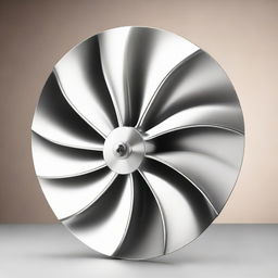 Close-up, realistic image of an impeller (Roue à Aubes) with its distinctive blade design, made of shining metal, against a neutral background.