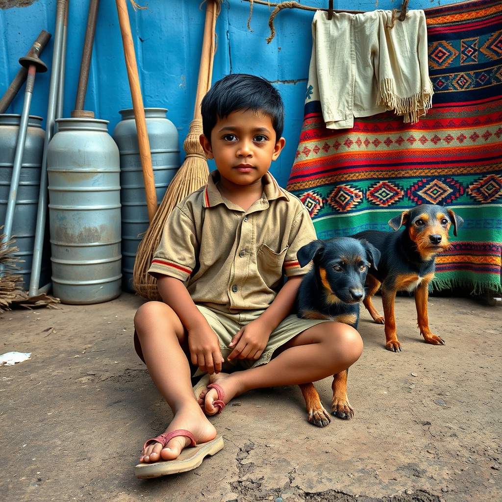 A young boy sitting on a rustic surface, representing the coastal and jungle motifs of Peru