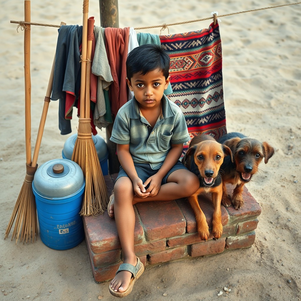 A young boy sitting on a brick, embodying coastal and jungle motifs of Peru