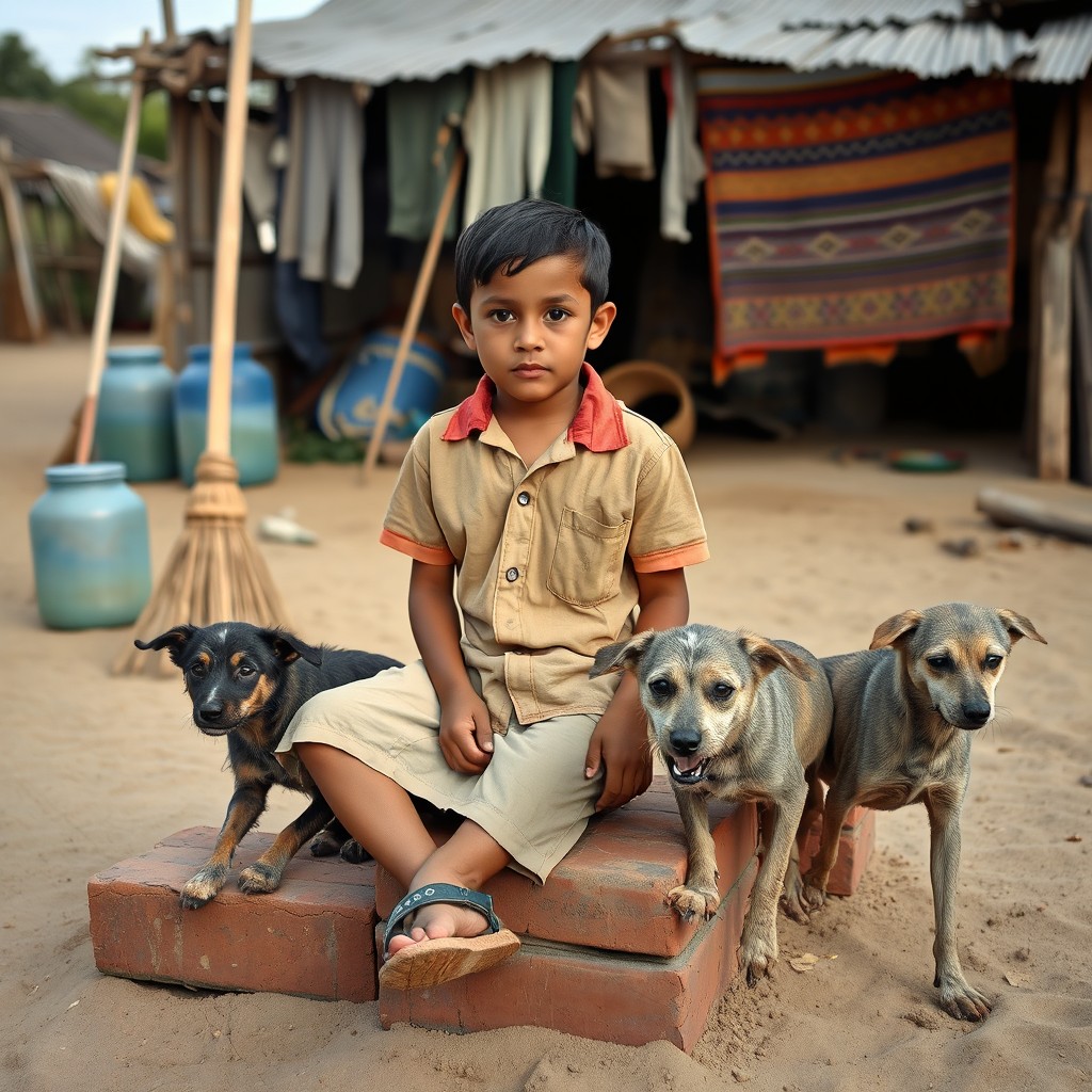A young boy sitting on a brick, embodying the coastal and jungle motifs of Peru